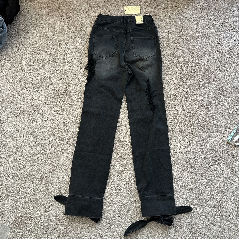 Loverly Fit Black Distressed High Rise Tie Cuff Denim Jeans NWT Size 9 - Picture 2 of 9